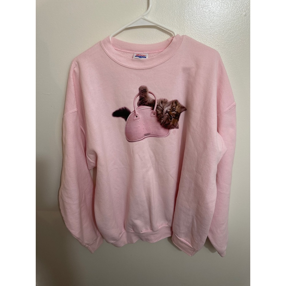 Hanes Pink Kitten in Purse Graphic Sweatshirt Crewneck XL Womens Loungewear